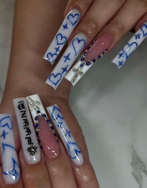 Low Rider Inspired Nails, Thug Nails, Nails With Boyfriends Name, Nails With Names On Them, Smile Now Cry Later Nails, Baddie Nails Instagram Long, Chola Nails Designs, Gangster Nails Designs, Cholo Nails