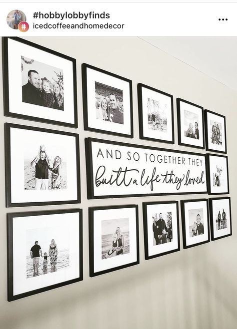 Family Living Room Wall Decor Ideas, Picture Spacing On Wall, Living Room Decor With Family Pictures, Picture Accent Wall Living Room, Wall Picture Display Ideas, Black Wall Frames Ideas, Decorating With Wedding Photos Home, Living Room Family Picture Wall Ideas, Black And White Photos On Wall Ideas