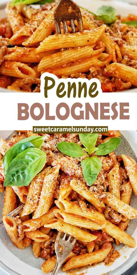 Fork being pushed into penne bolognese in grey bowl with text written between 2 images. Penne Bolognese Recipe, Best Penne Pasta Recipe, Penne Bolognese, Easy Italian Dinner, Beef Noodle Stir Fry, Beef Chow Mein, Ground Beef Pasta Recipes, Penne Recipes, Penne Pasta Recipes