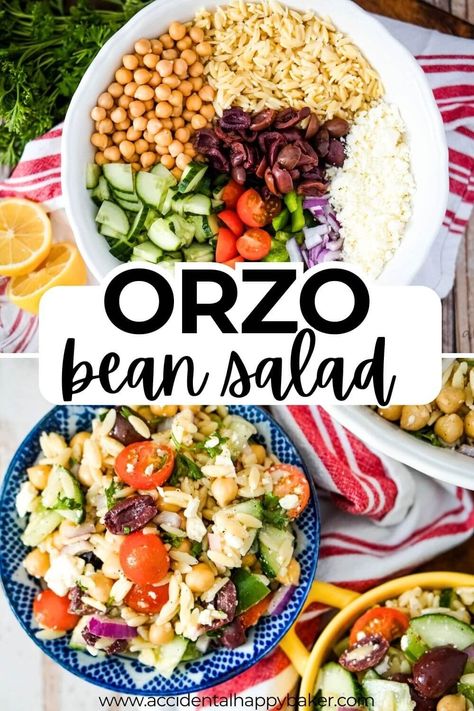 Easy Orzo Garbanzo Bean Salad is vibrant, fresh, and as full of bold flavors as it is veggies! This protein rich salad keeps well for days and makes an excellent side dish as well as a vegetarian lunch for those busy work days. Orzo Bean Salad, Garbanzo Bean Salad Recipes, Orzo Salads, Garbanzo Salad, Garbanzo Bean Salad, Easy Orzo, Bean Salad Healthy, Roasted Garbanzo Beans, Garbanzo Bean Recipes