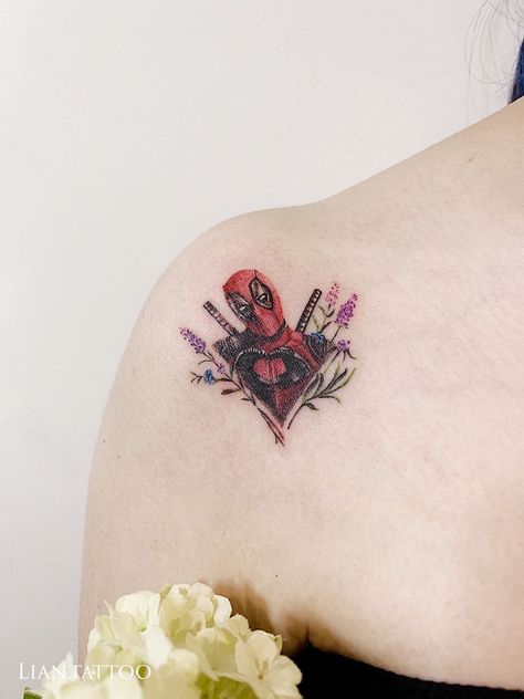 Deadpool Couple Tattoo, Small Deadpool Tattoo, Deadpool And Wolverine Tattoo, Tattoo Ideas Female Color, Deadpool Tattoo Ideas, Ac Tattoo, Marvel Tattoo Sleeve, Wolverine Tattoo, Deadpool Tattoo