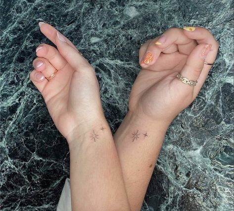 Two Sparkle Tattoo, North Star Matching Tattoos, Stars On Ankle Tattoo, Sparkle Tattoo On Finger, Small Star Wrist Tattoos, Sparkle Star Tattoo Hand, Small Twinkle Tattoo, Name Tattoos With Stars, Mini Sparkle Tattoo