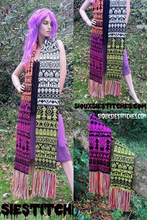 Halloween Fair Isle Scarf Free Knitting Pattern - Knitting Pattern Fair Isle Halloween Pattern, Halloween Scarf Knitting Pattern, Fair Isle Scarf Pattern Free, Halloween Knitting Charts, Spooky Knitting Pattern, Spooky Knitting, Halloween Knitting Patterns Free, Fair Isle Scarf, Halloween Knit