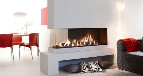 30 Modelli di Camini Moderni Senza Canna Fumaria | MondoDesign.it Double Sided Electric Fireplace, Double Sided Gas Fireplace, 3 Sided Fireplace, Design Camino, Minimalist Fireplace, Two Sided Fireplace, Double Sided Fireplace, Glass Fireplace, Contemporary Fireplace