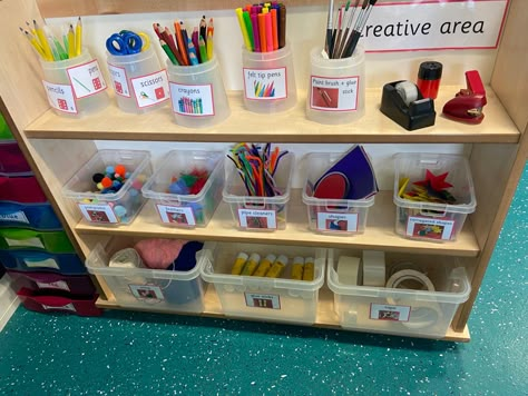 Daycare Center Organization, Art Area Preschool Classroom, Childcare Art Area, Art Shelf Preschool, Writing Center Preschool Setup, Art Corner Classroom, Preschool Art Center Setup, Writing Area Preschool Ideas, Prek Art Center