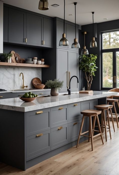 Gray Cabinets With Gray Walls, Dark Bottom Kitchen Cabinets, Black And White Kitchens Modern, Kitchen Cabinets Gray And White, Modern Kitchen Dark Cabinets, Charcoal Cabinets Kitchen, Gray Cabinet Kitchen, Dark Grey Cabinets Kitchen, Lake Barndominium