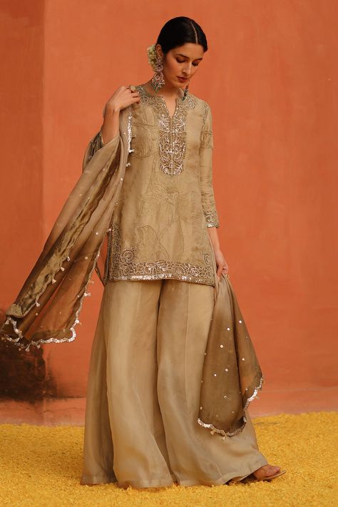 Buy Beige Handwoven Organza Silk Threadwork Blossom Kurta Sharara Set For Women by Archana Jaju Online at Aza Fashions. Beige Sharara Suit, Sharara Back Neck Designs, Tissue Suits Design Indian, Sharara Suits Designs, Organza Embroidery Suits, Kurta Sets For Women Party Wear, Aza Fashion Outfits 2024 Suits, Tissue Suits Design, Gharara Suits Party Wear