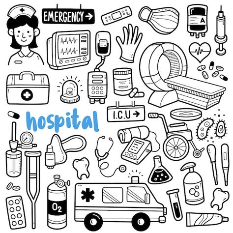 Hospital black and white doodle illustra... | Premium Vector #Freepik #vector #medical-doodle #doctor-stethoscope #doodle-sketch #radiology Hospital Black And White, Medical Drawings, Energy Symbols, Doctor Drawing, White Doodle, Ipad Painting, Tumblr Drawings, Doodle Pages, Medical Design