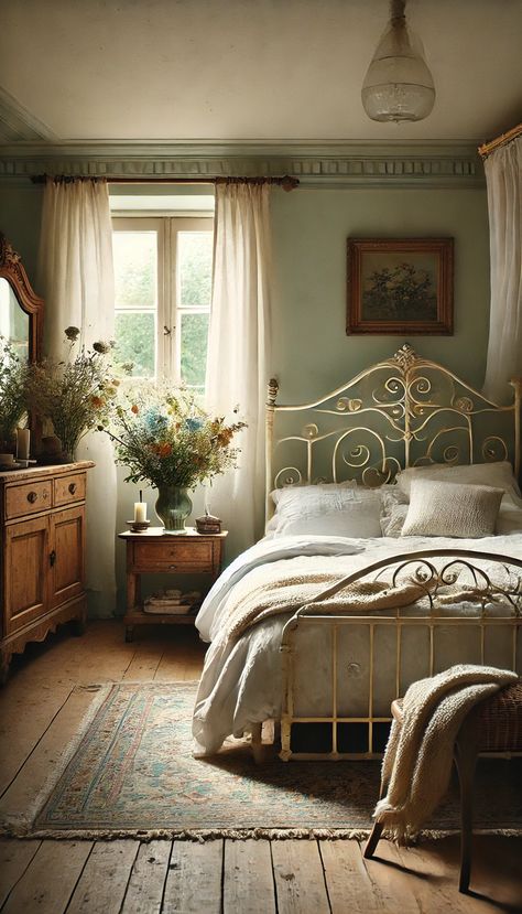 17+ French Country Bedroom Decorating Ideas That Will Transform Your Space! 🇫🇷✨ Guest Bedroom Ideas Cottage Style, Spanish Cottage Bedroom, Vintage Farm Bedroom, Antique King Bed, Cottagecore Primary Bedroom, Farm Bedroom Aesthetic, French Toile Bedroom, South Of France Home Decor, European Country Bedroom