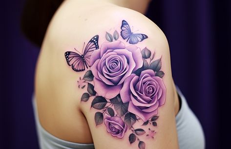 51 Mesmerizing Purple Rose Tattoo Designs With Meanings Traditional Tattoos For Men, Purple Rose Tattoo, Tattoos Realism, Purple Flower Tattoos, Vintage Tattoo Flash, Purple Butterfly Tattoo, Purple Rose Tattoos, Floral Back Tattoos, Blue Rose Tattoos