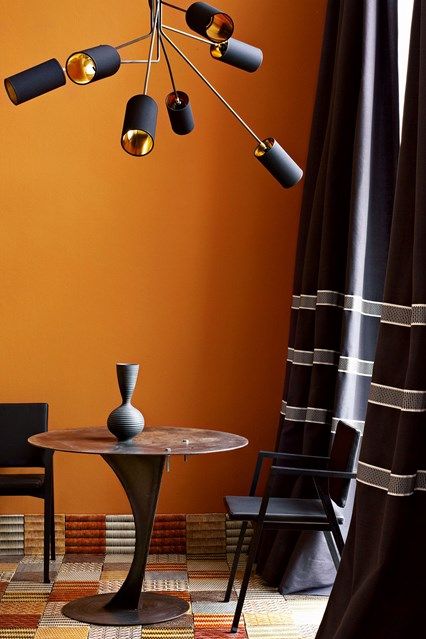 Paint Colour Charts, Orange Painted Walls, Kitchen Feature Wall, Timeless Paint Colors, Orange Kitchen Decor, Long Room, Paint Your House, Stylish Dining Room, Living Room Dining Room Combo