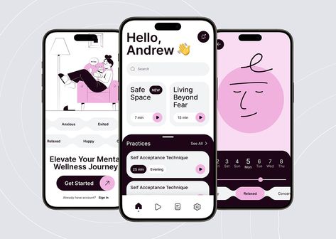 Mental Health App by Anastasiya Ryzhkova for W3Forge on Dribbble App Campaign Design, Mobile App Interface Design, App Concept Design, Mental Health App Ux Design, Wellness App Design, Simple App Design, Modern App Design, App Home Page, App Design Ideas