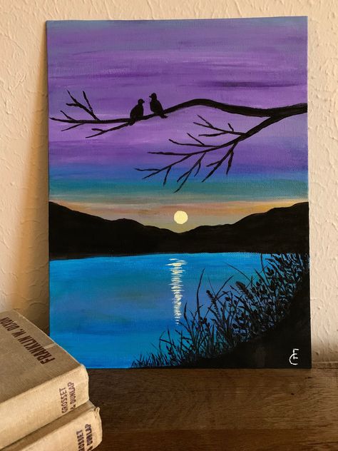 Excited to share the latest addition to my #etsy shop: Love Birds at Lake at Sunset https://etsy.me/3EoMMah #canvasboard #abstract #vertical #blue #entryway #plantstrees #purple #unframed #mothersday Sunset Canvas Painting, Easy Canvas, Easy Canvas Art, Simple Canvas Paintings, Canvas Painting Tutorials, Cute Canvas Paintings, Canvas Drawings, Canvas Painting Designs, Landscape Art Painting