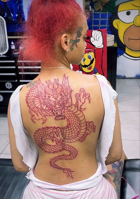 Red Dragon Thigh Tattoo, Girl Spine Tattoo, Spine Tattoo Red, Spine Dragon Tattoo, Red Dragon Spine Tattoo, Spine Tattoo Dragon, Red Back Tattoos Spine, Dragon Tattoo On Thigh, Tattoo Light