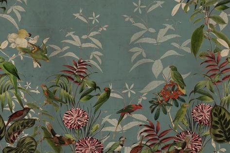 Custom Wall Murals, A Wallpaper, Mural Floral, Wallpaper Direct, Deco Floral, Exotic Birds, Leaf Wallpaper, Woven Paper, Green Wallpaper