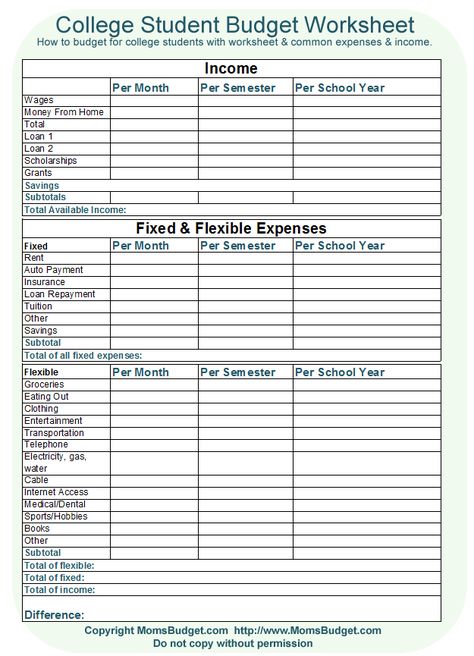 College Student Budget Worksheet - Free Printable Worksheet from MomsBudget.com Student Budgeting, Budgeting Worksheets Free, College Student Budget, College Budget, College Budgeting, College Expenses, Budget Spreadsheet Template, Student Of The Month, Budget Worksheet