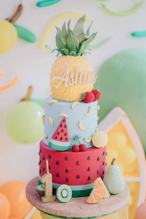 Fruit Backdrop, Balloon Fruit, Fruit Party Theme, Twotti Fruity, Tutti Frutti Birthday Party, Fruit Birthday Cake, Neon Name Sign, Fruit Birthday Party, Tropical Birthday Party