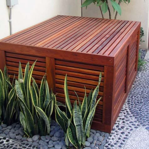 Stained Wood Pool Equipment Enclosure Ideas Hide Ac Units, Outdoor Ac Unit, Air Conditioner Hide, Pool Equipment Cover, Pool Equipment Enclosure, Air Conditioner Design, Ac Unit Cover, Ideas De Piscina, Hidden Pool