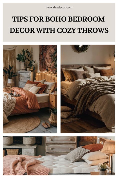 Tips for boho bedroom decor with cozy throws: showcasing three stylish bohemian bedrooms featuring woven textures, earthy tones, and layered throws. Hobo Bedroom, Hobo Decor, Layering Textiles, Kitchen Tile Inspiration, Ensuite Bathroom Designs, Industrial Chic Kitchen, Compact Kitchen Design, Modern Bedroom Colors, Cozy Boho Bedroom