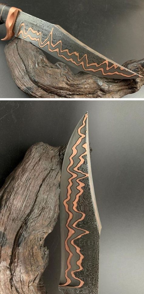 Damascus Steel is made from different types of steel (with different properties), although fold a little copper in and you’ve got something that looks even more amazing! VIEW MORE NOW! Knife Handles Ideas, Knife Forging, Damascus Patterns, Copper Damascus, Damascus Steel Texture, Damascus Knives, Copper Damascus Knife, Forging Knives, Damascus Hunting Knife