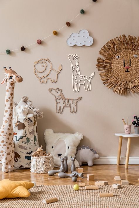 Kids Safari Animal Nursery Wall Art Set of 3 Jungle Decals - Etsy UK Nursery Decor Animal Theme, Neutral Nursery Feature Wall, Wooden Safari Animals, Wood Words On Wall, Nursery Wood Decor, Nursery Room Animals, Toddler Animal Room, Nursery Ideas Wall Paint, Nursery Room Paintings