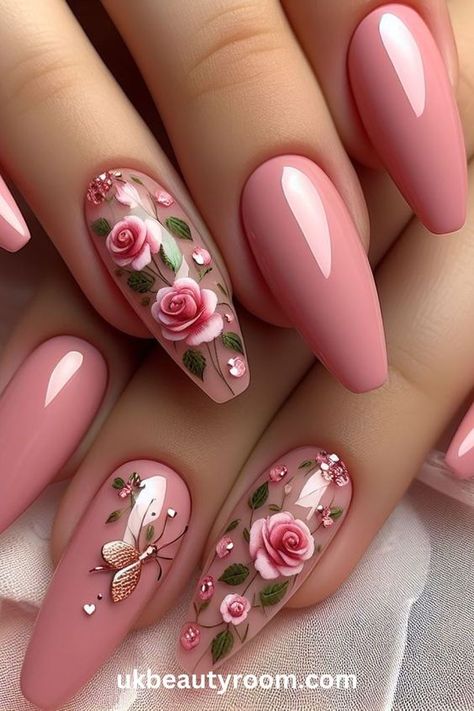 Floral Nail Designs Summer, Nails With Rose Design, 2024 Manicure, Bow Nail Designs, Quartz Nails, Pink Nail Art Designs, Pinterest Nails, Pink Nail Art, Pink Nail Designs