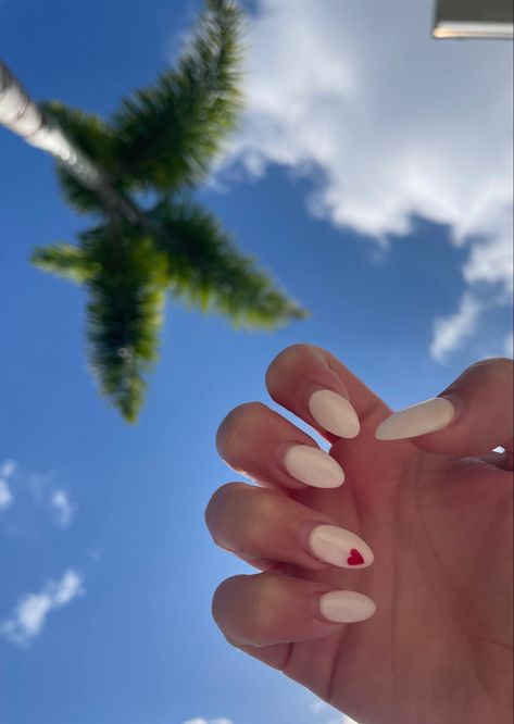 Nail Inspo Almond Back To School, White Almond Shaped Nails Design, Almond Nails School, White Nails For Valentines Day, White Nails With One Red Heart, White Nails With A Heart Design, All White Almond Nails, Heart Nails Almond Shape, White Nail With Heart