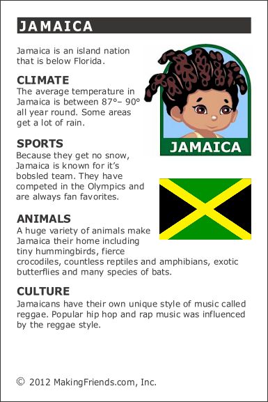 Jamaica Fact Card for your Girl Scout World Thinking Day or International celebration. Free printable available at MakingFriends.com. Fits perfectly in the World Thinking Passport, also available at MakingFriends.com 4 Bedroom House Plans Simple, Jamaica Facts, Jamaica Girls, Jamaica House, Jamaican Art, Around The World Theme, Geography For Kids, Country Studies, Jamaican Culture