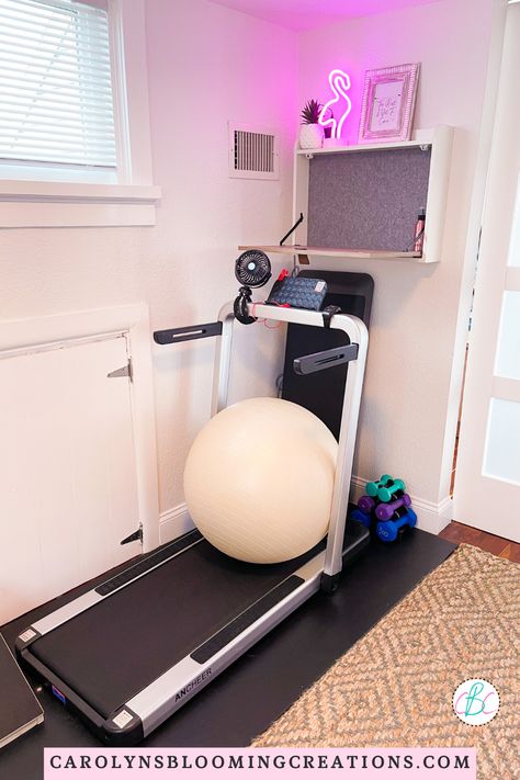 Office Slash Workout Room, Treadmill In Small Space, Small Treadmill Space, Treadmill Office Room, Treadmill Corner At Home, Office Treadmill Room, Treadmill At Home Aesthetic, Under Desk Treadmill Setup, Folding Treadmill Small Spaces