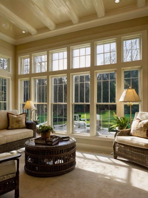 10 Sunroom Windows Ideas: Modern and Traditional Designs - Homezillo Sunroom Floor Plan, Windows Ideas Modern, French Sunroom, Breakfast Sunroom, Sunroom Bedroom Ideas, Sunroom Dining Room Ideas, Combined Laundry And Bathroom, Sunroom Library, Sunroom Dining Room