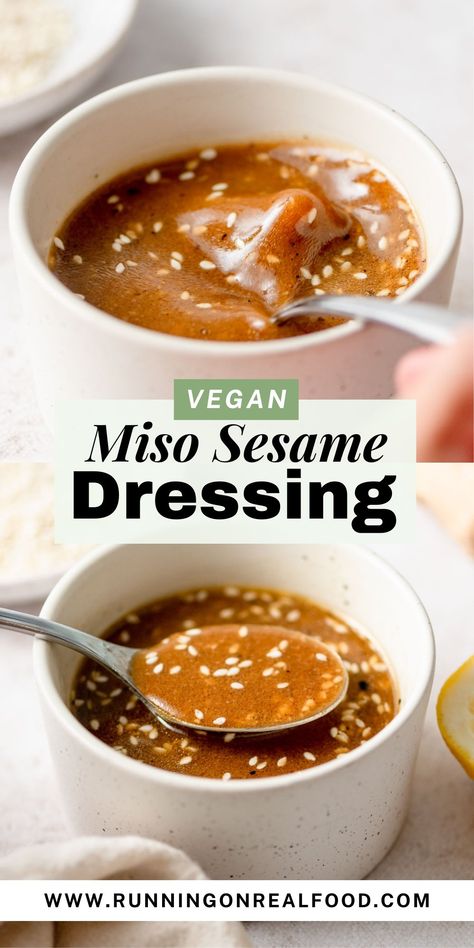 This quick and easy vegan miso sesame dressing takes just 5 minutes to make and adds the perfect blend of umami, sweetness and tanginess to salads, grain bowls, roasted veggies and more. Essen, Miso Salad Dressing, Roasted Sesame Dressing, Salads Bowls, Ginger Miso, Seasoned Rice Vinegar, Sweet Potato Kale, Grain Bowls, Sesame Dressing