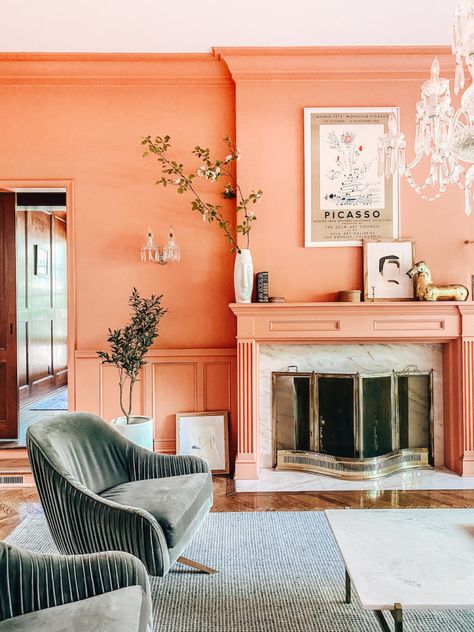 peach living room Peach Pantone, Color Durazno, Peach Walls, Wit And Delight, Accent Wall Paint, Bright Walls, Instagram Bio, Original Photo, Pink Walls