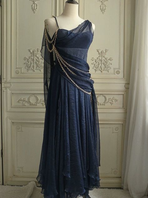 Gothic Navy Blue Fantasy Dress - Fairy Evening Dress with Draped Pearls Plus Size - WonderlandByLilian Blue Fantasy Dress, Purple Elf, Cascading Layers, Nontraditional Wedding Dress, Antoinette Dress, Champagne Evening Dress, Pink Formal Dresses, Red Evening Dress, Blue Evening Dresses