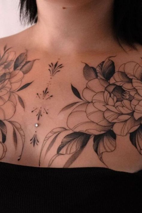 A peony chest ink design is a lovely tattoo idea for women who love floral patterns. This tattoo for female body art lovers combines beauty and elegance, creating a graceful woman tattoo choice. Tattoo For Female, Tattoo Idea For Women, Front Neck Tattoo, Lovely Tattoo, Graceful Woman, Female Body Art, Woman Tattoo, Cool Chest Tattoos, Chest Tattoos