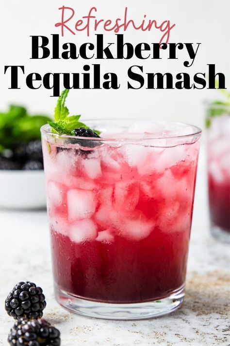 A Blackberry Tequila Smash is a fun tequila twist on a classic smash cocktail. It is a refreshing mixture of macerated blackberries, fresh mint, anejo tequila, fresh lemon juice and is topped off with a little soda water. Tequila Smash, Blackberry Smash, Tequila Cocktail, Cocktails Recipes, Yummy Alcoholic Drinks, Tequila Drinks, Seasonal Drinks, Best Cocktail Recipes, Soda Water