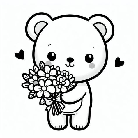 Bring to life a ‘Teddy Bear with Flowers’ by drawing a tender-eyed bear holding a lush bouquet. Create full, round cheeks and a small, sweet smile to express its gentle nature. Surround the bear with tiny hearts to emphasize the loving gesture of giving flowers. Focus on the detailed petals for the bouquet to convey a sense of freshness and affection. Cute Teddy Drawing Easy, Small Pictures To Draw Easy, Bear With Flowers Drawing, Teddy Pic, Teddy Bear Drawings, Bear Cartoon Drawing, Cute Teddy Bear Drawing, Teddy Bear Drawing Easy, Bear Drawing Easy