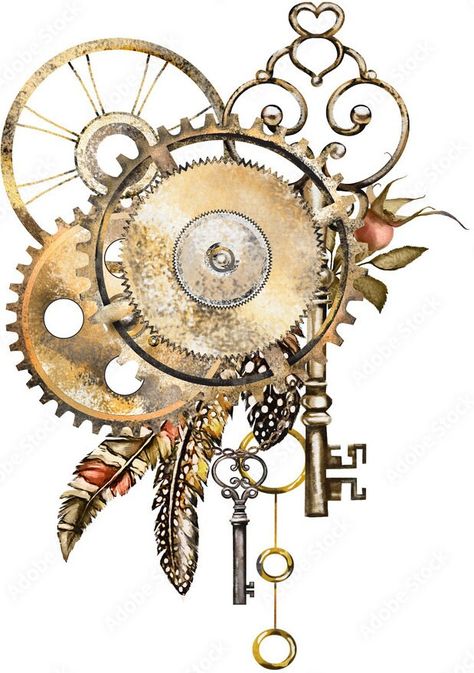 Clock Flowers Tattoo, Steampunk Flowers, Steampunk Patterns, Steampunk Tattoo, Clock Flower, Gear Art, Scrapbook Art, Flower Pattern Design, Vintage Tattoo