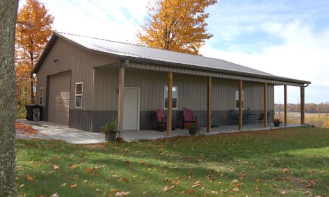 Pole Barn Custom garage with porch from Pole Barns Direct Pole Barn Shop, Pole Barn House, Diy Pole Barn, Pole Barn Builders, Metal Pole Barns, Pole Barn Kits, Pole Barn Construction, Pole Barn Designs, Pole Barn Plans