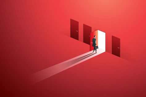 Businessman walking open door of choice ... | Premium Vector #Freepik #vector #light #man #wall #door Door Surrealism, Door Poster Design, Door Concept Art, Door Graphic Design, Door Animation, Door Illustration, Walking Up Stairs, Club Tshirt, Red Illustration