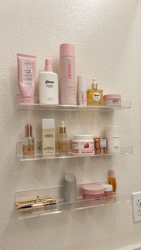 shelfie, skincare shelfie, hair care, favorite hair products, favorite skincare products, pink products, aesthetic, bathroom organization, bathroom shelf Skincare Cupboard Aesthetic, Shelf Makeup Organization, Bathroom Hygiene Organization, Bathroom Skincare Shelf, Bathroom Skincare Display, Skincare Shelf Aesthetic, Organized Skincare, Bathroom Skincare Organization, Shelfie Skincare