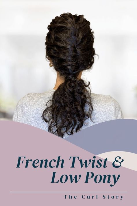 Low Pony French Twist Hairstyle for Curly Hair Curly Hair Low Ponytail, Low Ponytail Curly Hair, Updo For Medium Hair, Low Ponytail Hairstyle, Hairstyle For Curly Hair, Ponytail Easy, Easy Curly Hairstyles, Curly Hair Up, Low Ponytail Hairstyles