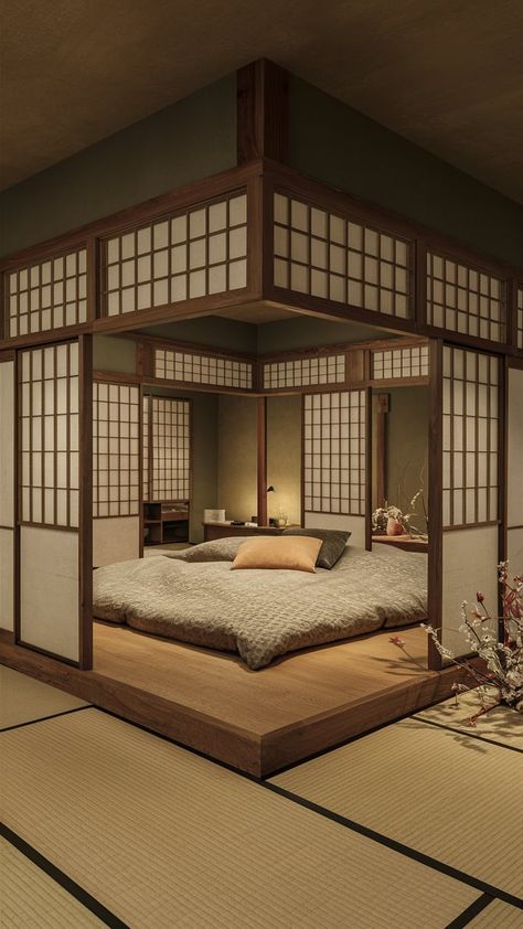 Japanese Aesthetic Bedroom, Traditional Japanese Bedroom, Japanese Traditional House, Bedroom Japanese Style, Japanese House Interior, Asian Style Bedrooms, House Fever, Japanese Style Bedroom, Traditional Japanese Home