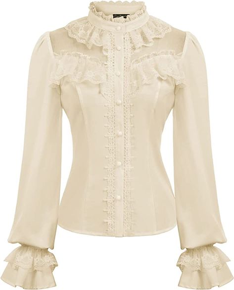 Women's Stand Collar Button Blouse Retro Gothic Lolita Shirt Top Apricot XXL at Amazon Women’s Clothing store Victorian Shirt, Gothic Blouse, Casual Blouse Shirts, Victorian Blouse, Blouse Long Sleeve, Trendy Fall, Elegant Shirt, Look Vintage, Knitted Tank Top