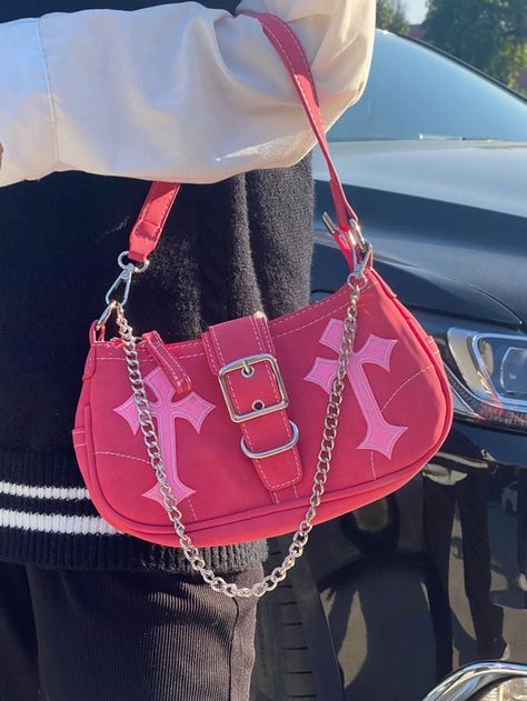 Y2K Cross Decor Underarm Bag, Chain Shoulder Bag, Trendy Pink Handbag Purse pink | SHEIN USA Red Motorcycle, Y2k Shoulder Bag, Tas Bahu, Small Shoulder Bags, Trendy Handbags, Pink Handbags, Estilo Punk, Motorcycle Women, Underarm Bag