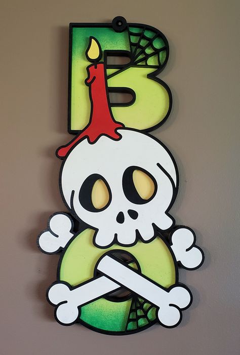 Skull Boo Halloween Sign Measures 15.75" tall by 8.25" wide. It is 2 layers of 1/4" hand painted maple, so .5" thick. Please feel free to ask questions and have a blessed day! Boo Halloween Sign, Collage Paintings, Halloween Craft Projects, Casa Halloween, Halloween Rocks, Scandinavian Gnomes, Halloween Sign, Halloween 2015, Fall Halloween Crafts