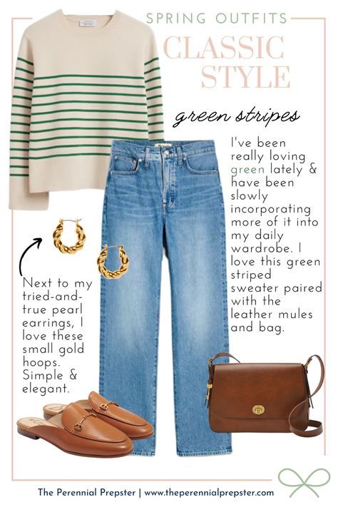 Preppy Style Inspiration, Green Striped Sweater Outfit, Jeans Preppy Outfit, Beige Loafers Outfit, Outfits With Mules, Striped Cardigan Outfit, Classic Style Spring, Saturday Outfits, Preppy Spring Outfits