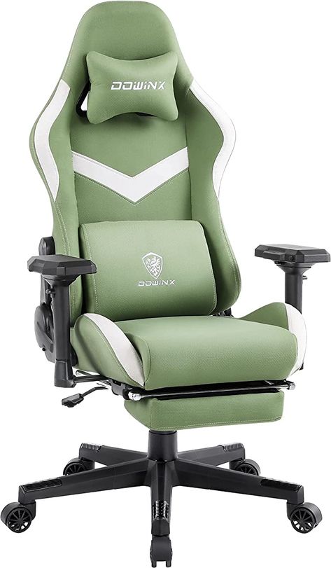 My absolute favorite color gaming chair! I really don't see this style or color scheme enough! Keep up with this board to find more cute green gaming accessories! #gamingchair #cottagecore #green #greedndeco #greengaming Fabric Office Chair, Chair For Office, Gamer Chair, Ergonomic Computer Chair, Chaise Gaming, Green Desk, Game Chair, Chair With Footrest, Comfortable Office Chair