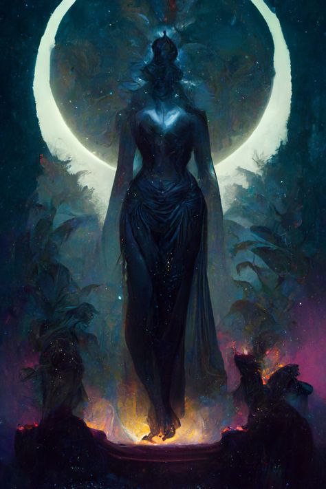 Goddess Of Night Art, Moon Deity Art, Shadow Goddess Fantasy Art, Shadow Goddess Art, Moon Queen Art, Moon Lady Art, Goddess Of Nightmares, Universe Goddess Art, Lunar Goddess Art