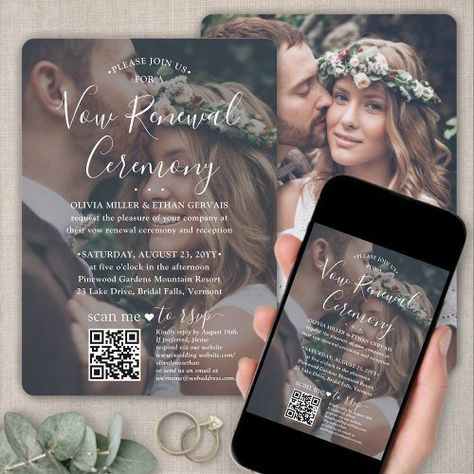 $2.11 | Vow Renewal QR RSVP 2 Photo Overlay Sequel Wedding - modern minimalist black and white, simple elegant calligraphy script, vow renewal ceremony, sequel wedding celebration, one year 1st anniversary reception, 2nd 5th 10th 25th 30th, 40th 50th 60th 70th 75th, photo collage overlay couple pictures, wedding website qr code rsvp, all-in-one budget Sequel Wedding, Wedding Celebration Invitation, Anniversary Reception, Reception Only Invitations, Elopement Party, Tie The Knot Wedding, Renewal Ceremony, Script Wedding Invitations, Vow Renewal Ceremony