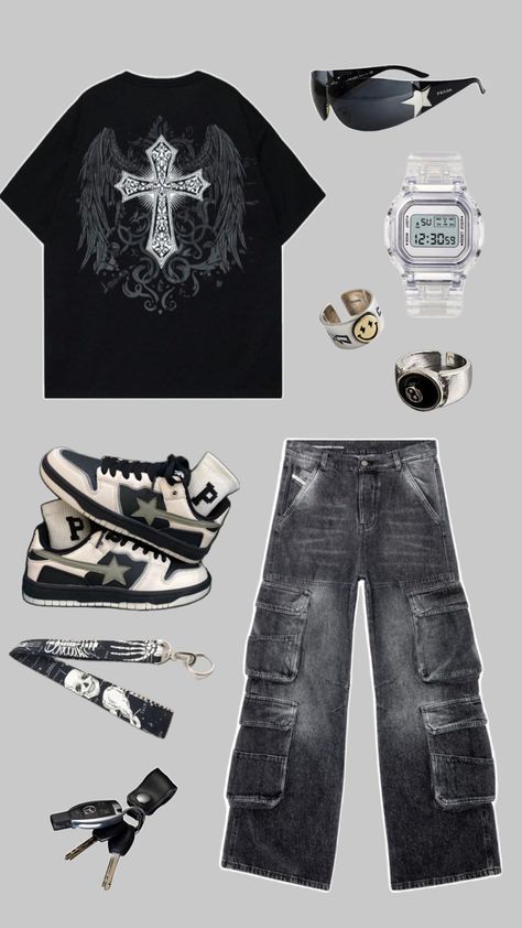 I made this collage Unisex Clothes Outfits, Affliction Outfits, 2000s Alt Fashion, Fire Clothes, Baggy Outfit Ideas, Street Style Outfits Casual, Outfits 2000s, Unisex Clothes, Outfit Collage